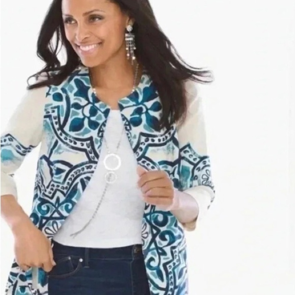 Chicos linen duster in blues and white